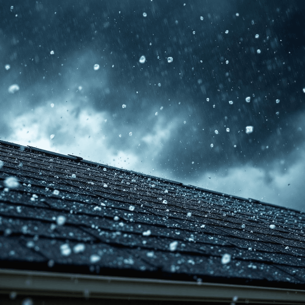 Storm-damaged structure with torn metal roofing