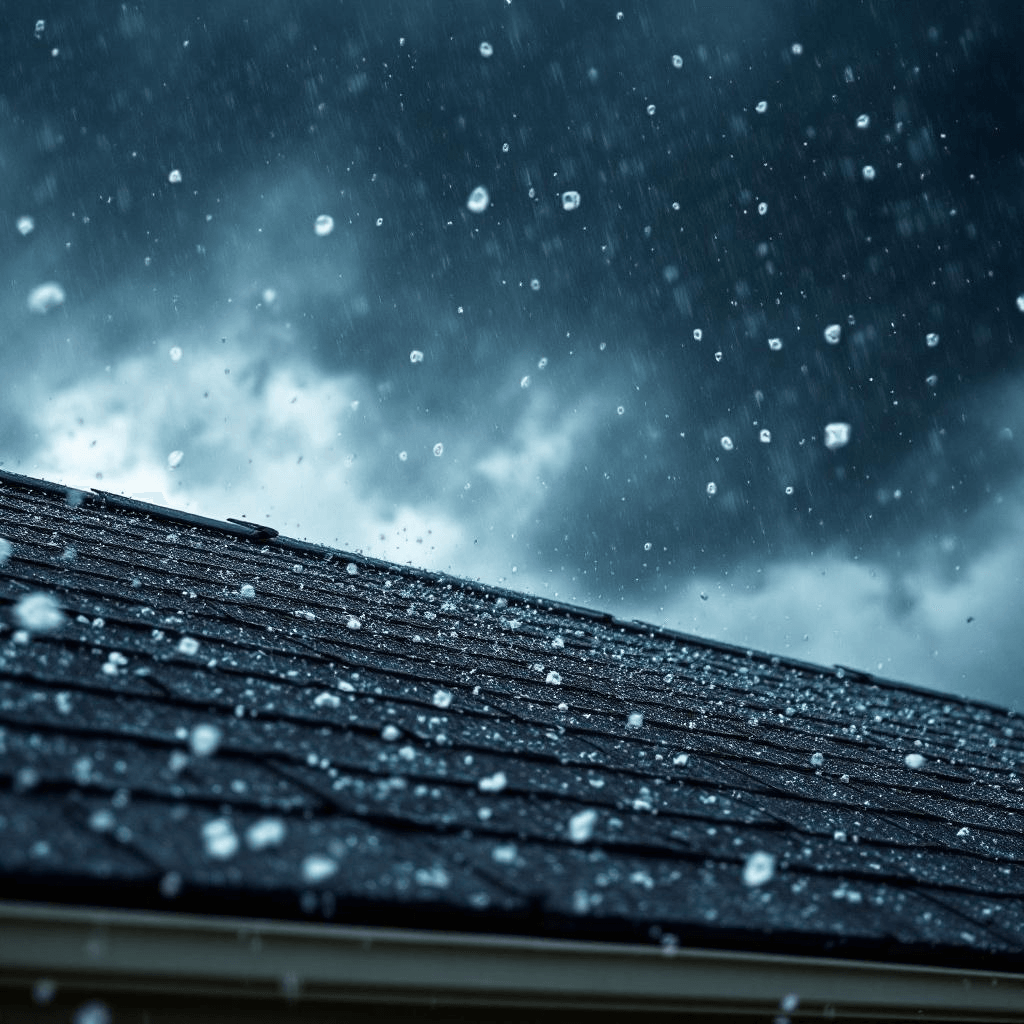 Storm-damaged structure with torn metal roofing